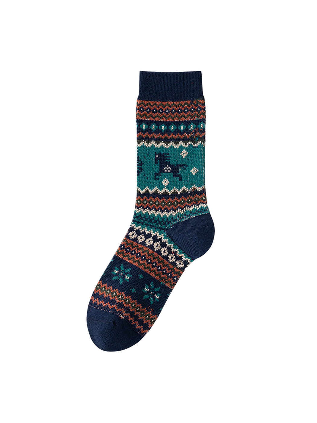 Navy crew sock with a horse motif and teal, orange, and cream geometric bands.