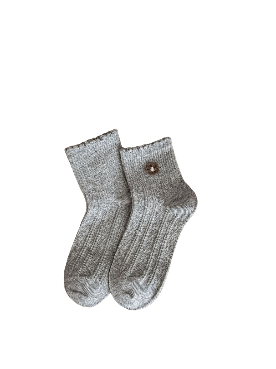 Gray socks with brown flower appliqué, ruffled cuffs and vertical textured panels.
