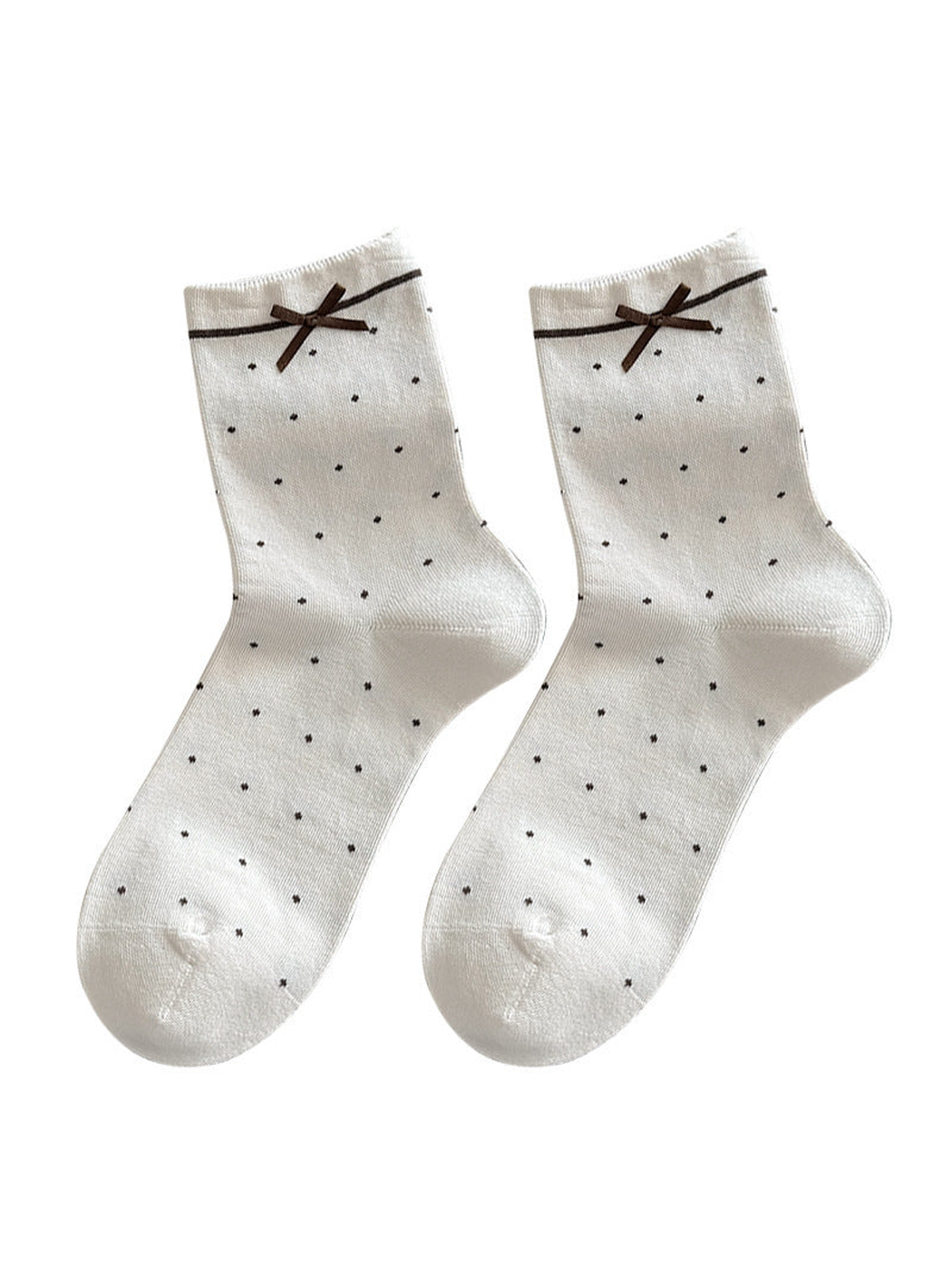 Small Dots socks with brown cuff bows and contrasting cuff lines on a white background.