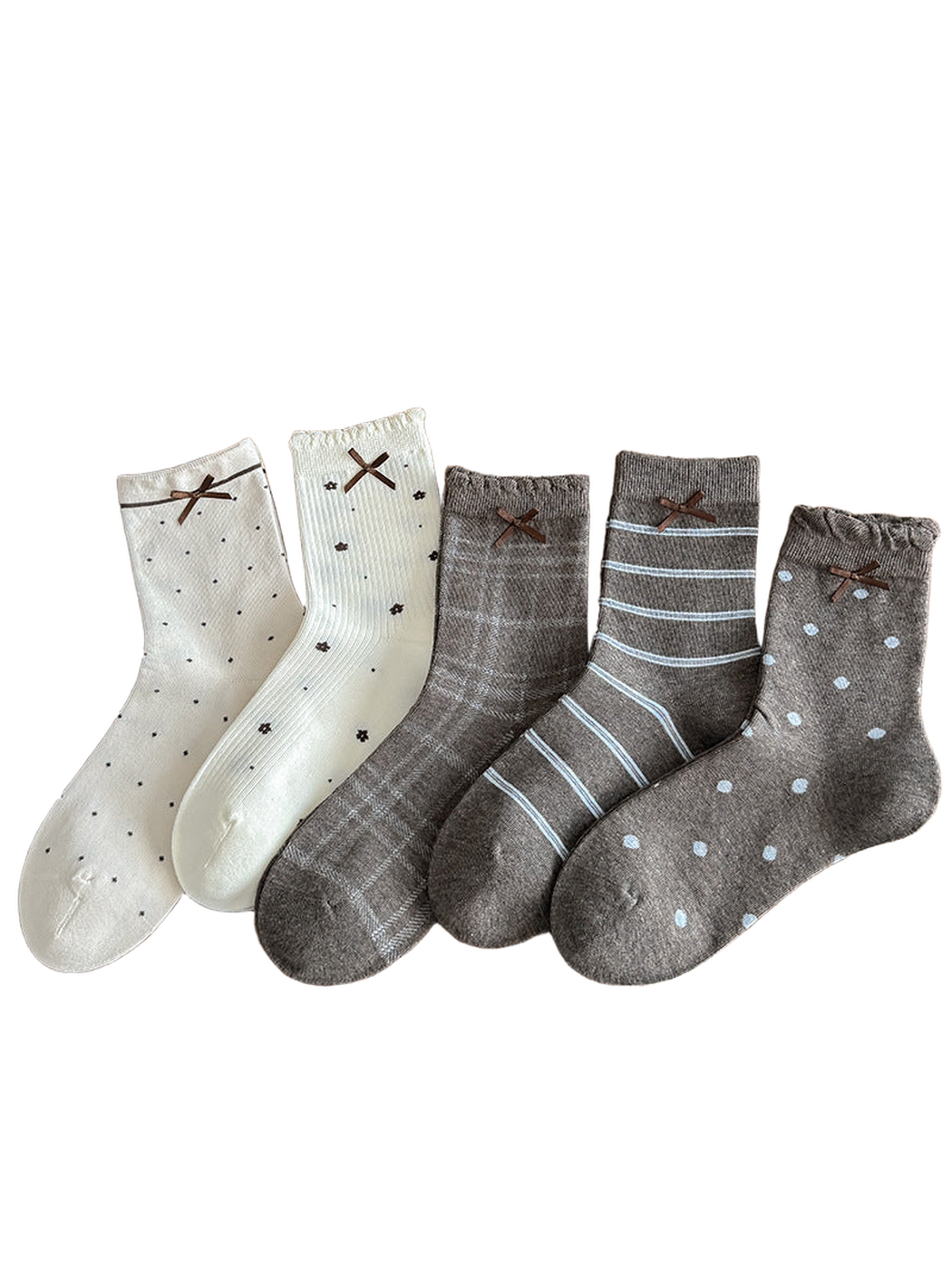 Bow cuff socks in plaid, large dots, stripes, small dots, and floral patterns displayed together.
