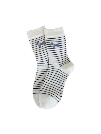 White Stripe socks with black horizontal stripes and gray dog motifs on a white background.