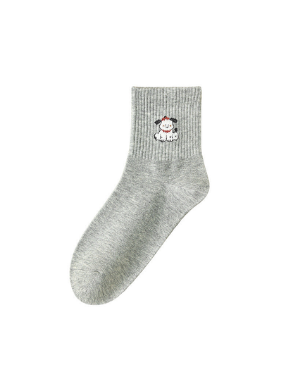 Gray Dog crew sock with a ribbed cuff and small dog motif on a white background.