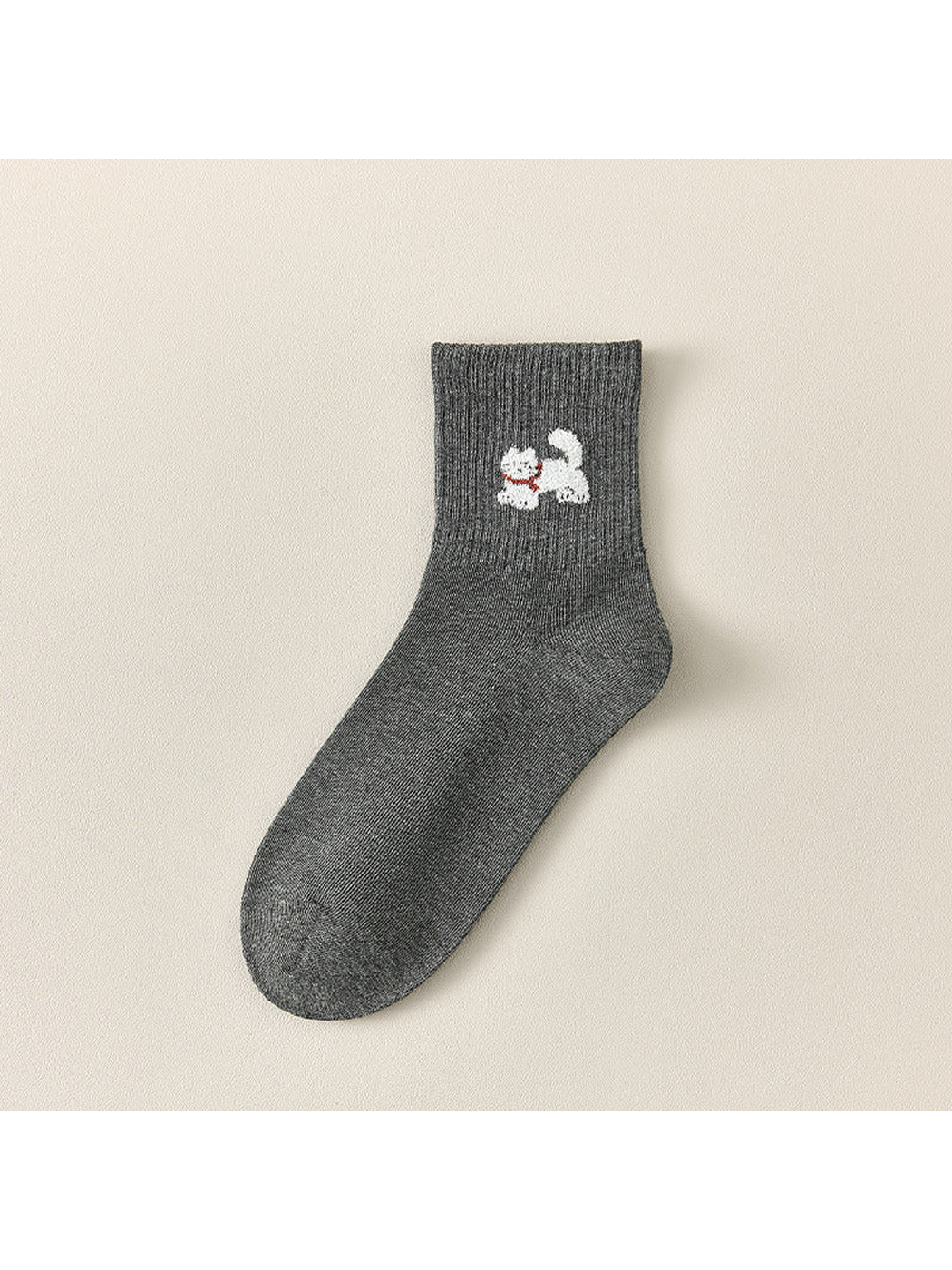Dark gray Cat crew sock with a ribbed cuff and white cat motif.