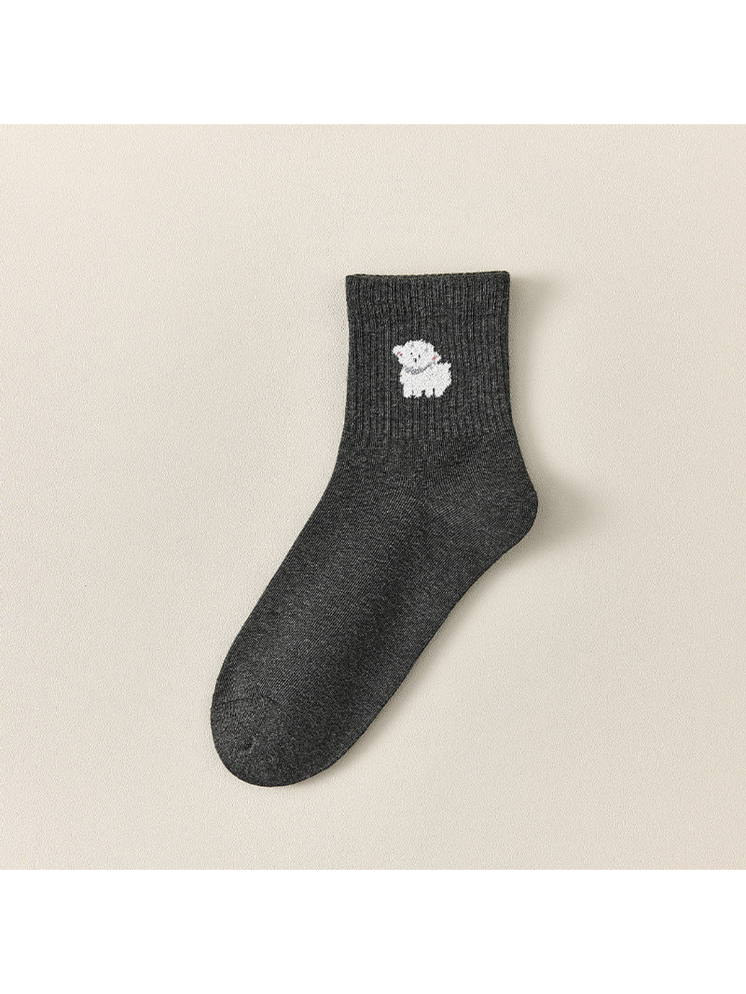 Charcoal Sheep crew sock with a ribbed cuff and white sheep motif.