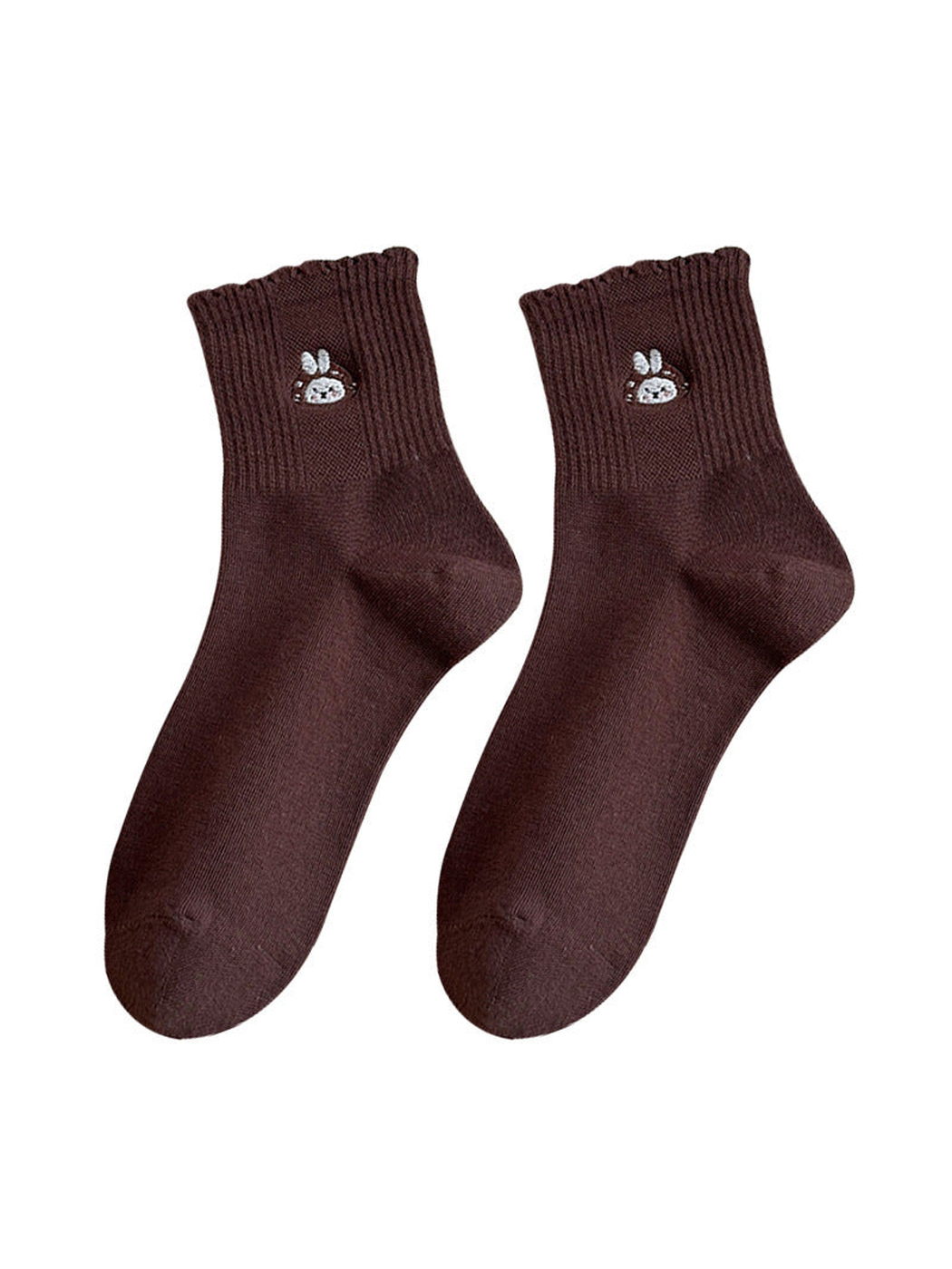 Dark Brown socks with rabbit-face embroidery and ribbed cuffs, fully displayed on white.