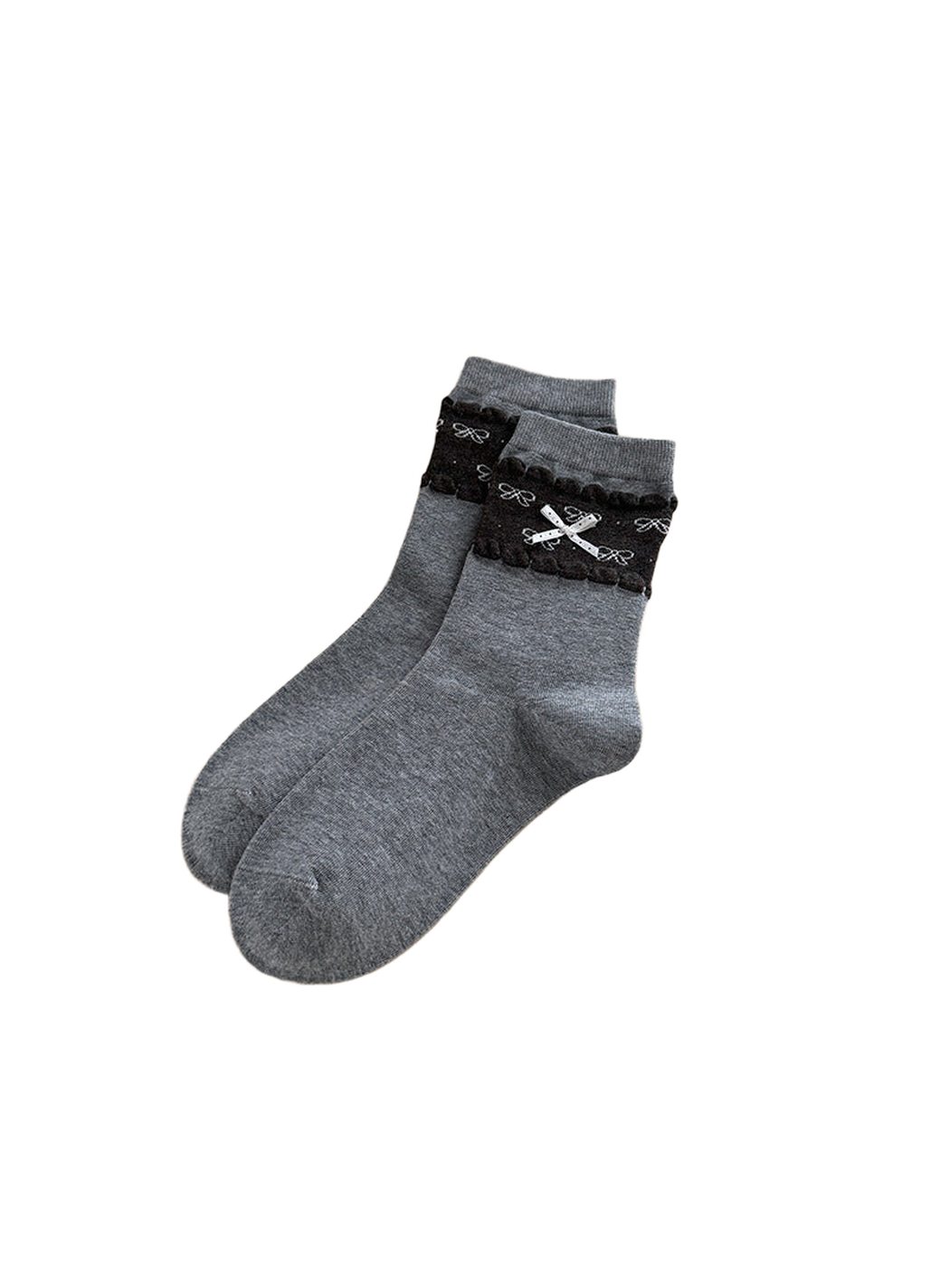Ribbon Bow style crew socks with contrasting cuff bands, small bow motifs, and a ribbon accent.