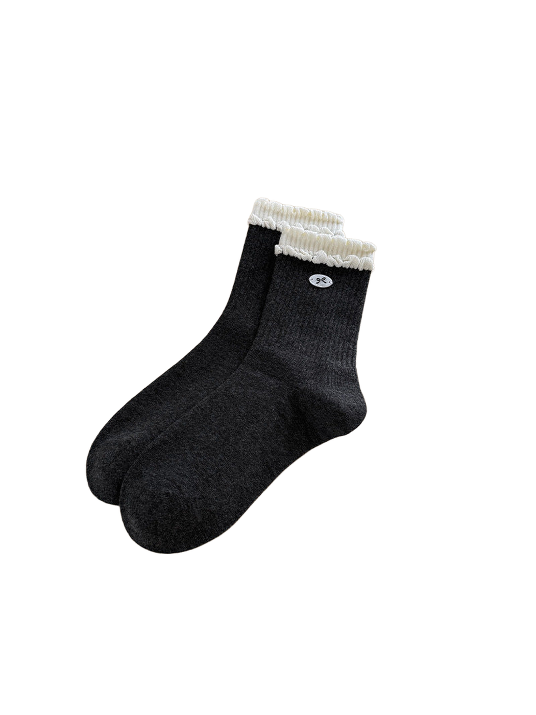 Bow Badge style crew socks with contrasting double ruffled cuffs and an oval bow accent.