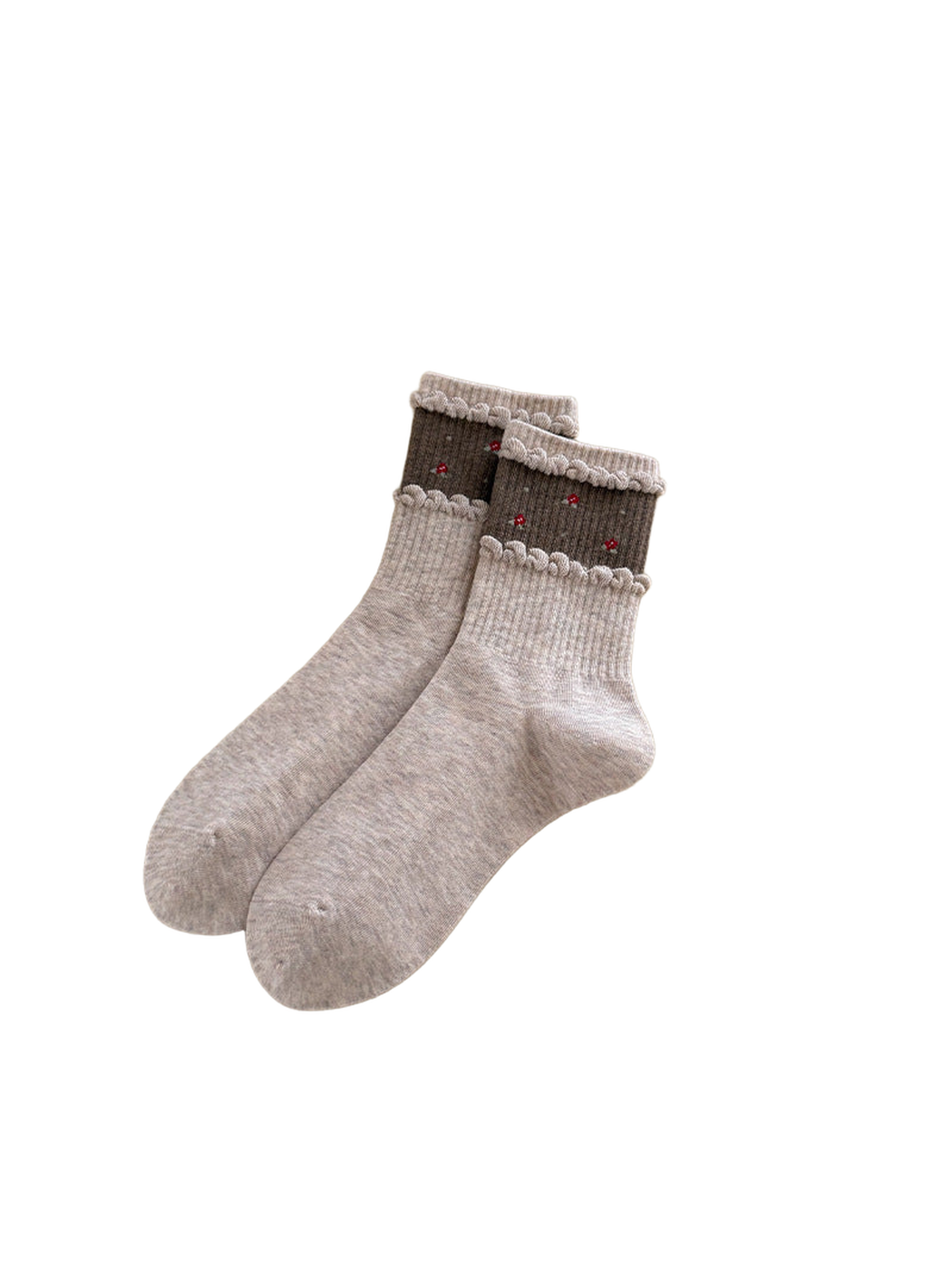 Red Embroidery style crew socks with small red accents across contrasting ruffle-bordered cuff panels.