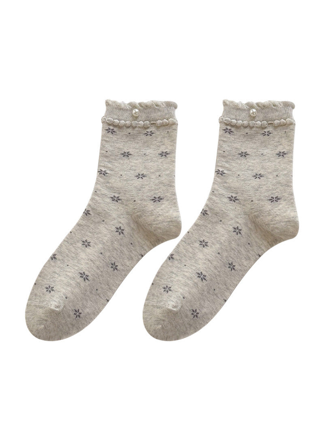 Beige floral socks with ruffled cuffs and round bead accents on a white background.