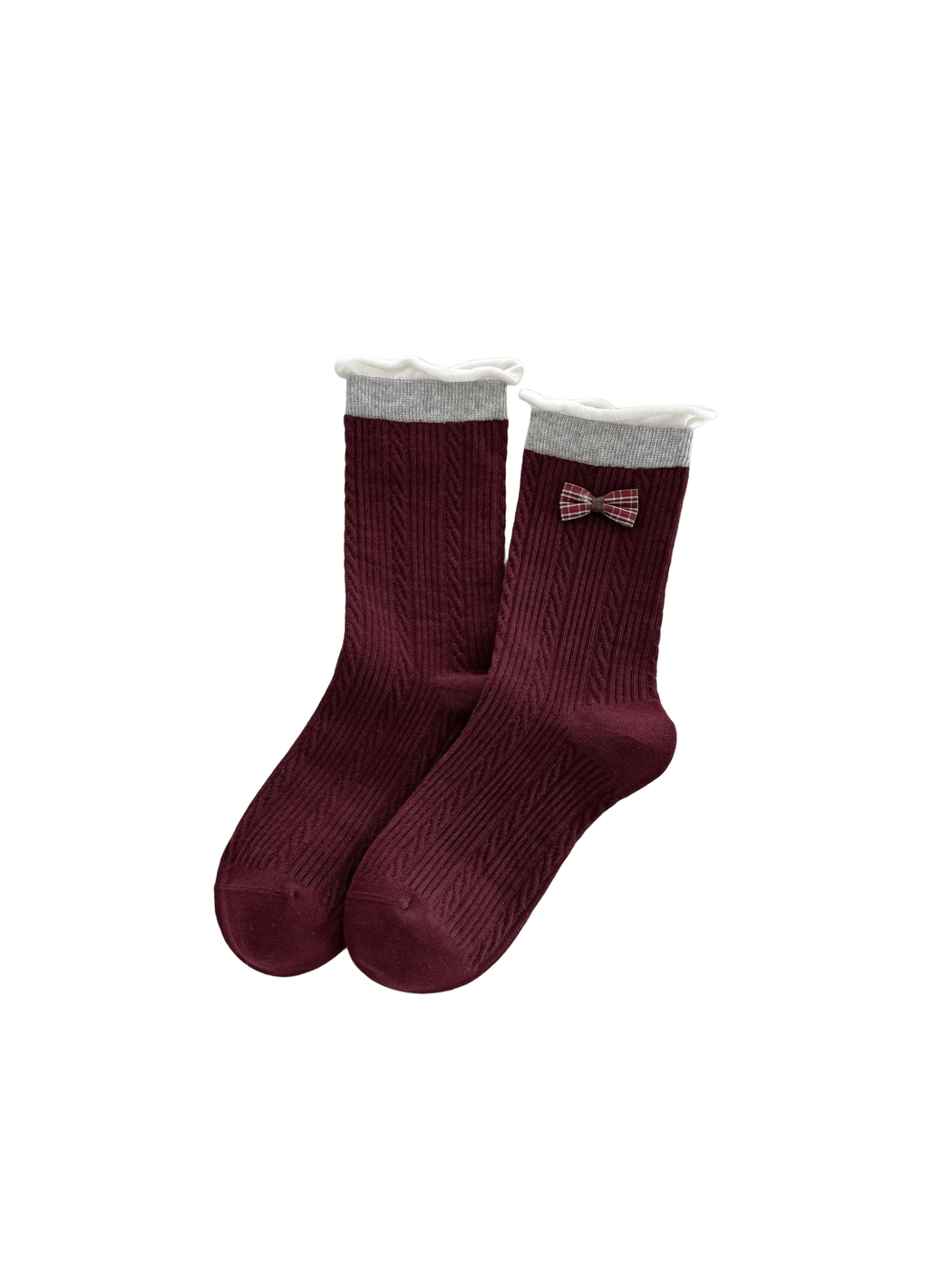 Burgundy Bow socks with plaid decoration, gray cuffs and white rolled edges.