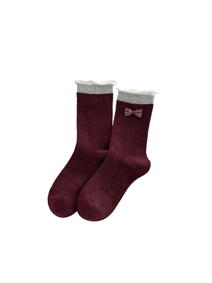 Burgundy Bow socks with plaid decoration, gray cuffs and white rolled edges.