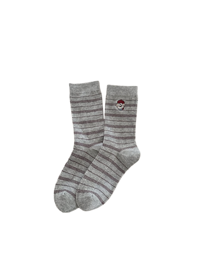 Light gray Stripes socks with burgundy horizontal lines and cartoon embroidery.