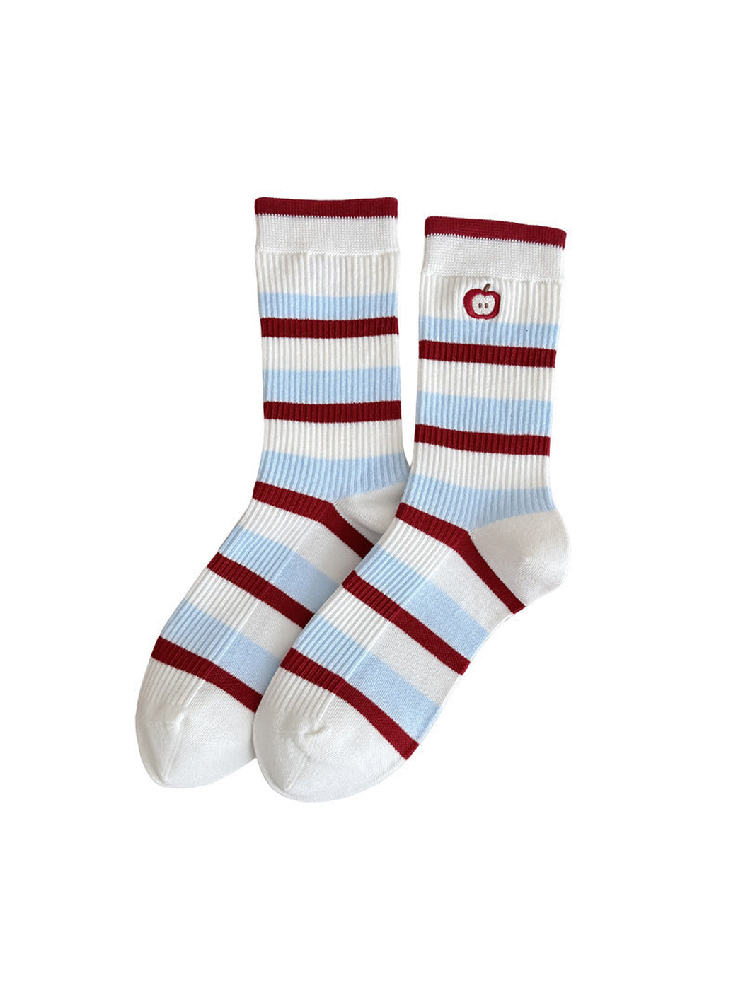 Apple socks with red and light blue stripes and an embroidered apple on a white background