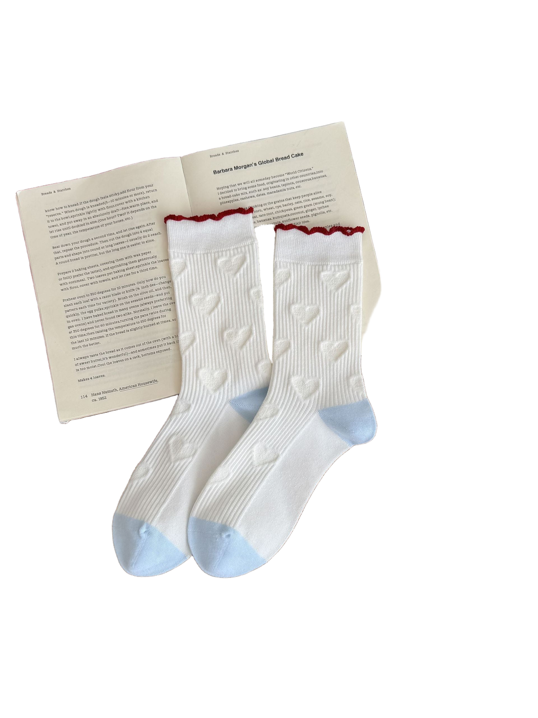 Heart socks with raised white hearts, red scalloped cuffs and light blue heels and toes