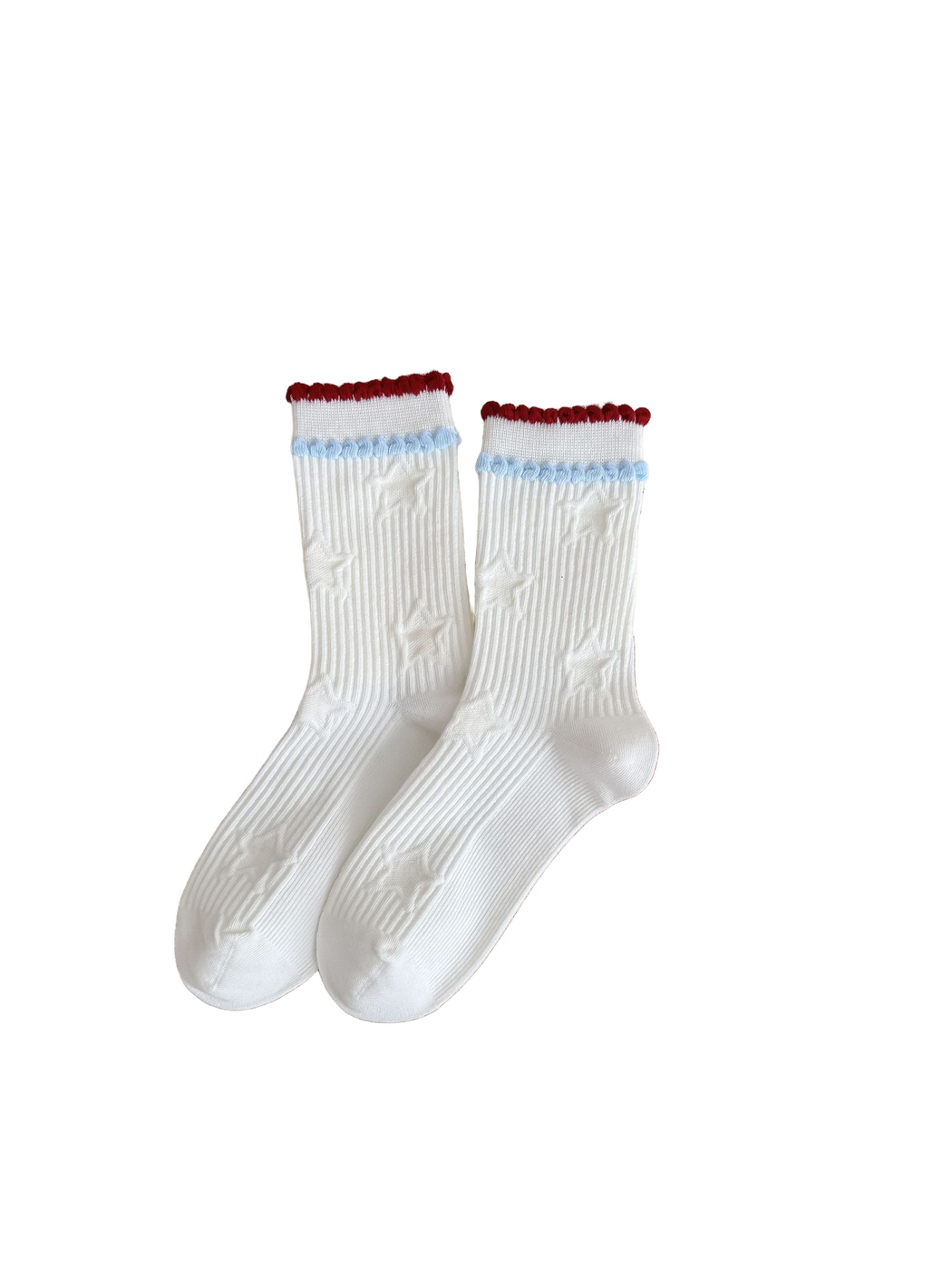 Stars socks with raised white stars and red and light blue ruffled cuff trim