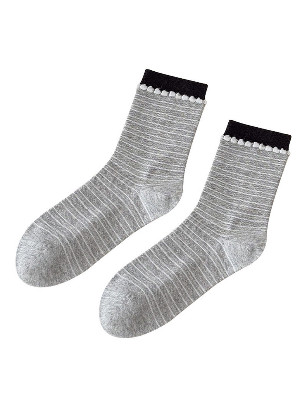Gray Stripes socks with black cuffs and white loop trim on a white background.