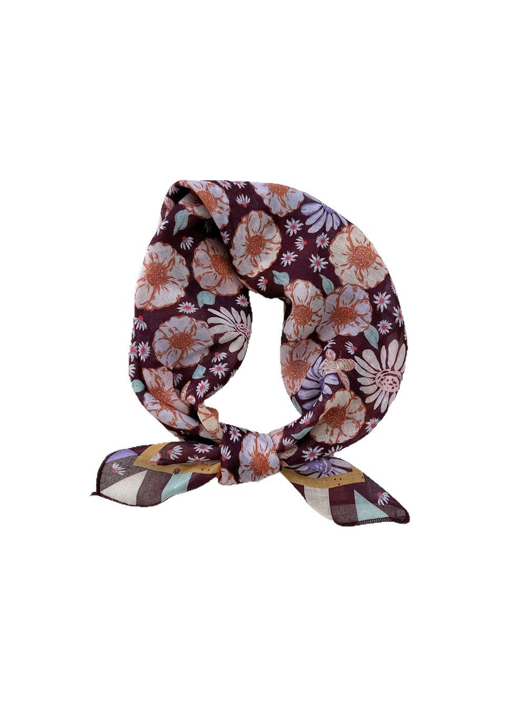 Striped Floral scarf tied in a loop, with large flowers and multicolor striped ends on white.