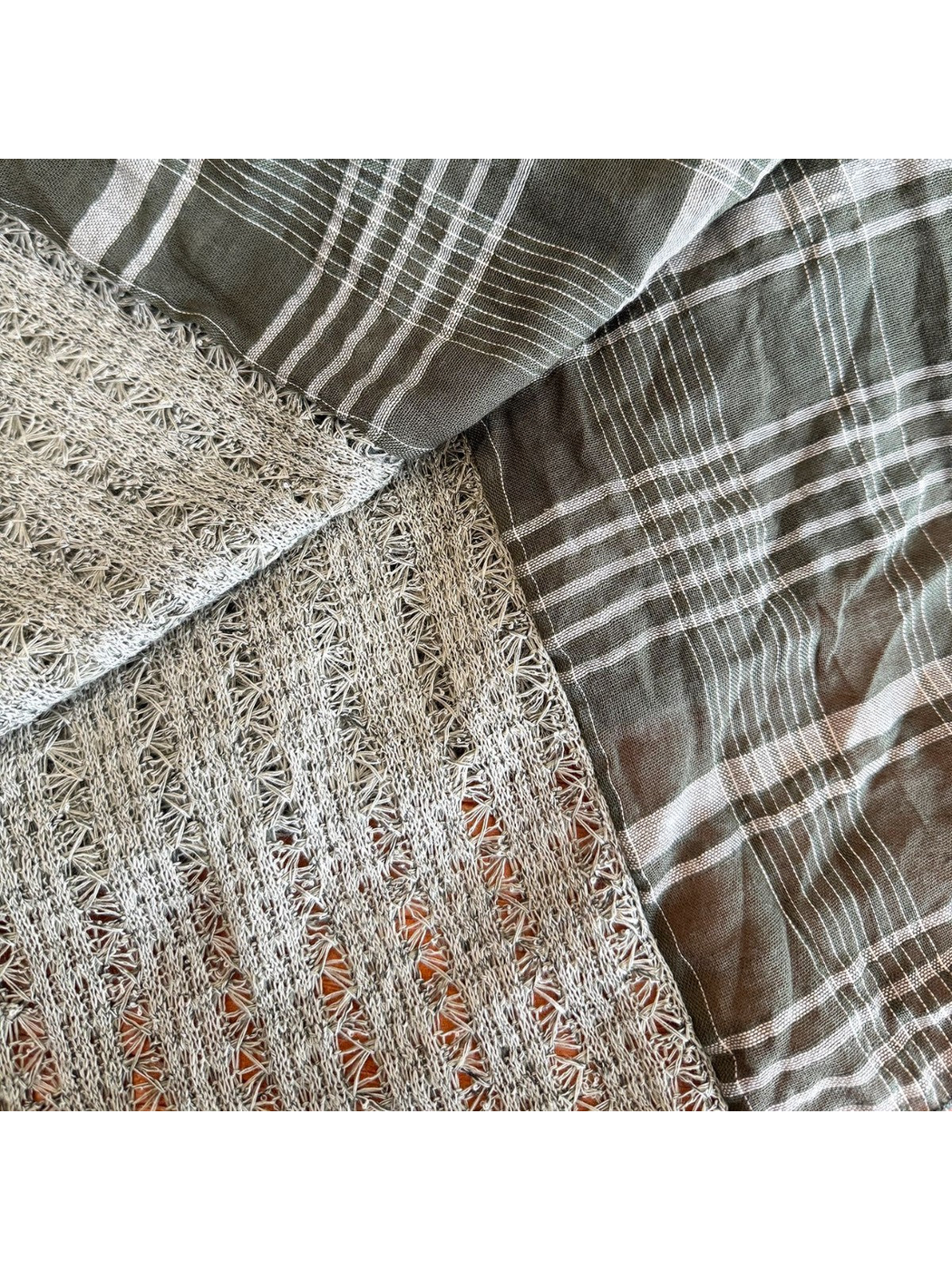Close-up of Army Green plaid fabric beside the scarf's openwork panel and finished edge.