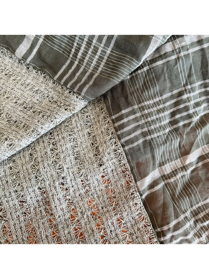 Close-up of Army Green plaid fabric beside the scarf's openwork panel and finished edge.
