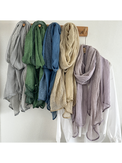 Light Gray, Dark Green, Blue, Beige and Light Purple scarves displayed together in long loops.