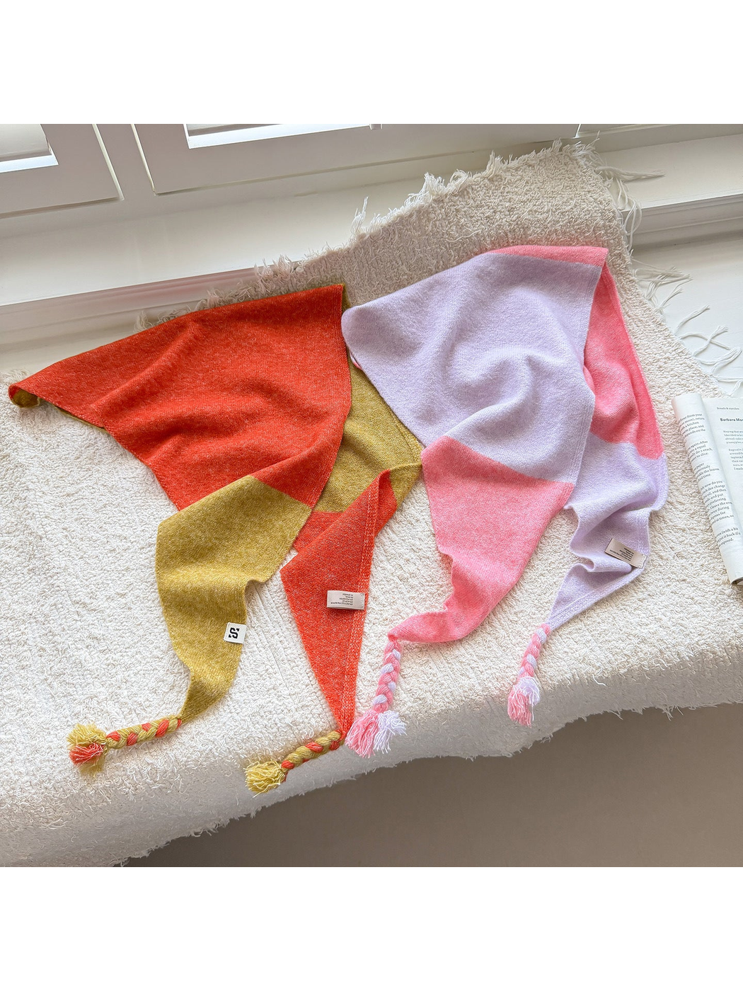 Orange Yellow and Light Purple color block triangle scarves spread side by side