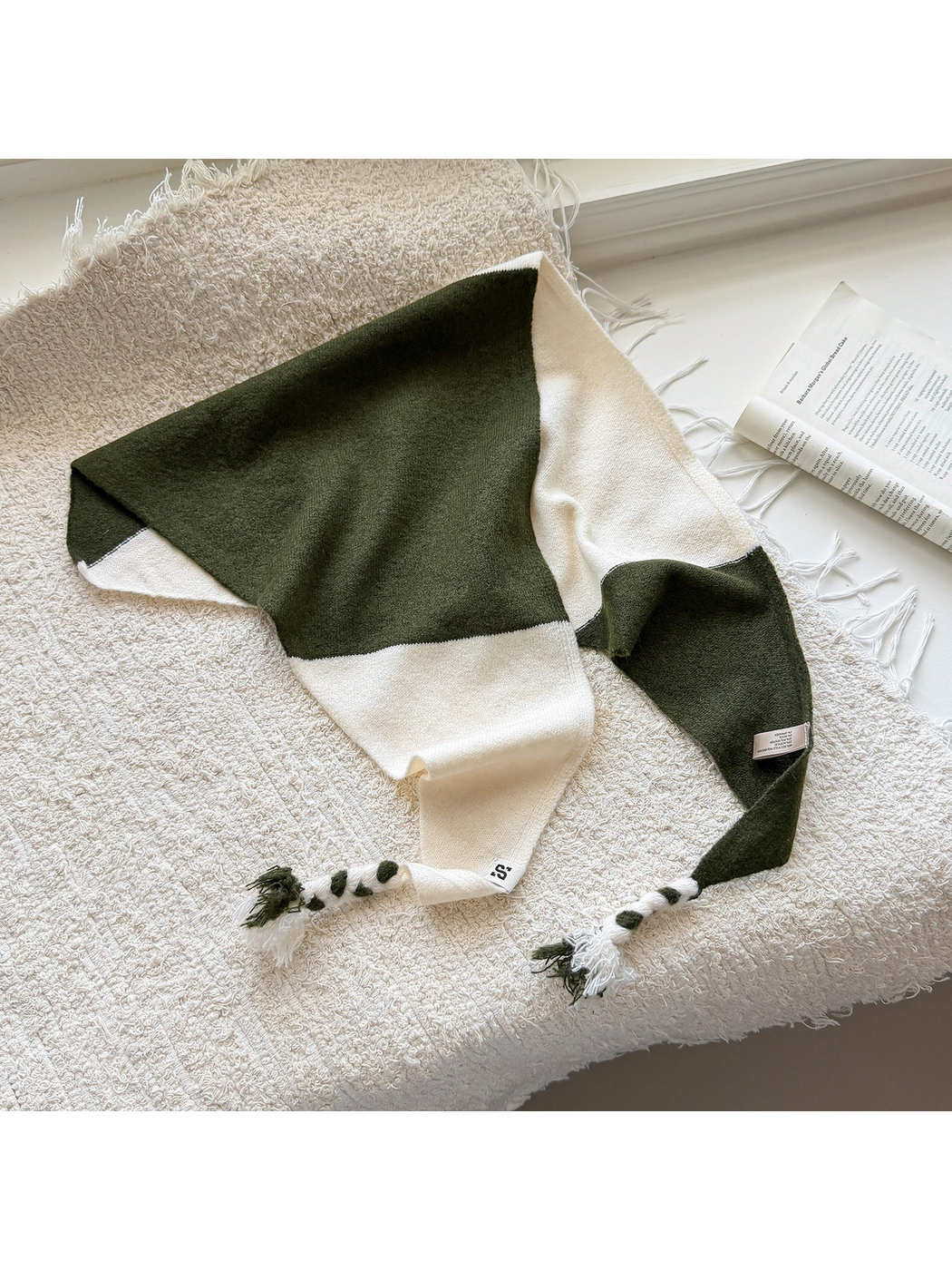 Army Green triangle scarf with cream color blocks and braided tassel ends