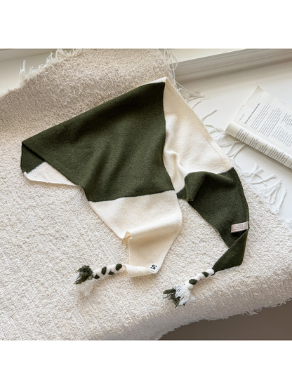 Army Green triangle scarf with cream color blocks and braided tassel ends