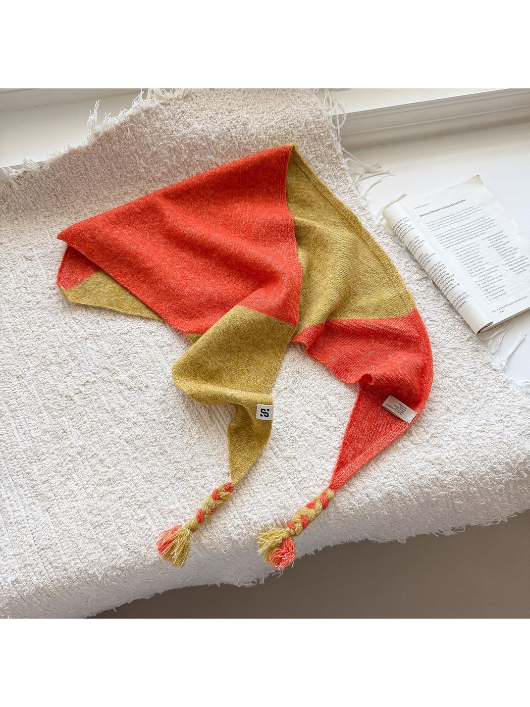 Orange Yellow color block triangle scarf with two-tone braided tassel ends