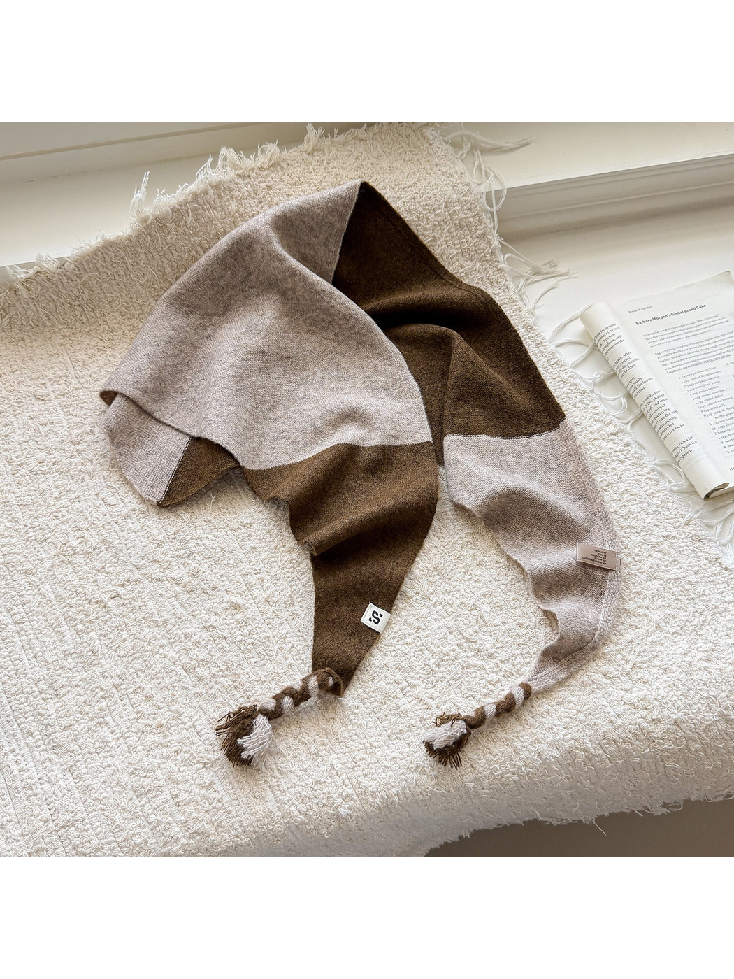 Coffee triangle scarf with beige color blocks and braided tassel ends