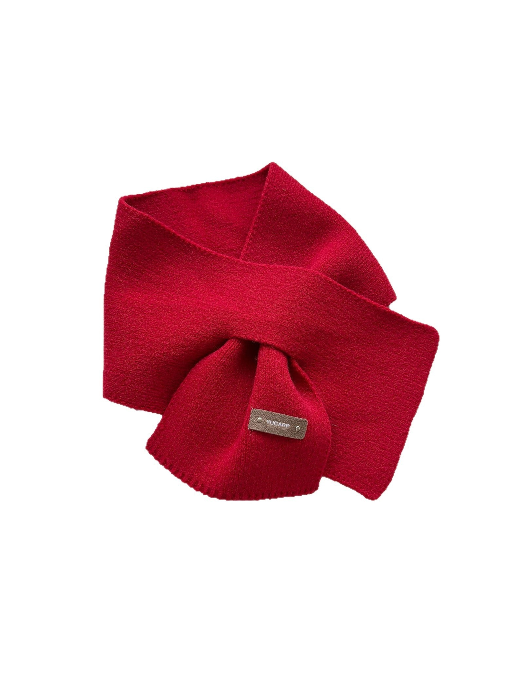 Burgundy knit pull-through scarf with crossed ends on a white background.