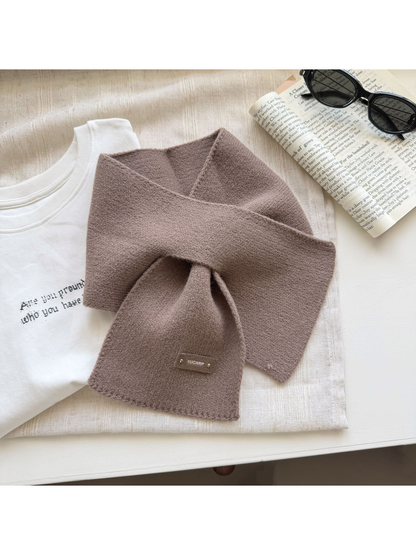 Light Coffee knit pull-through scarf arranged with crossed ends.