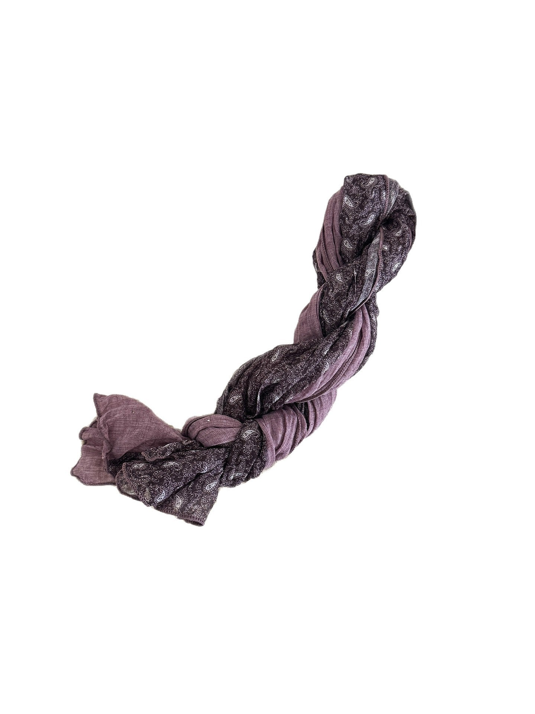 Purple Burgundy paisley scarf loosely twisted on a white background, showing contrasting solid sections.