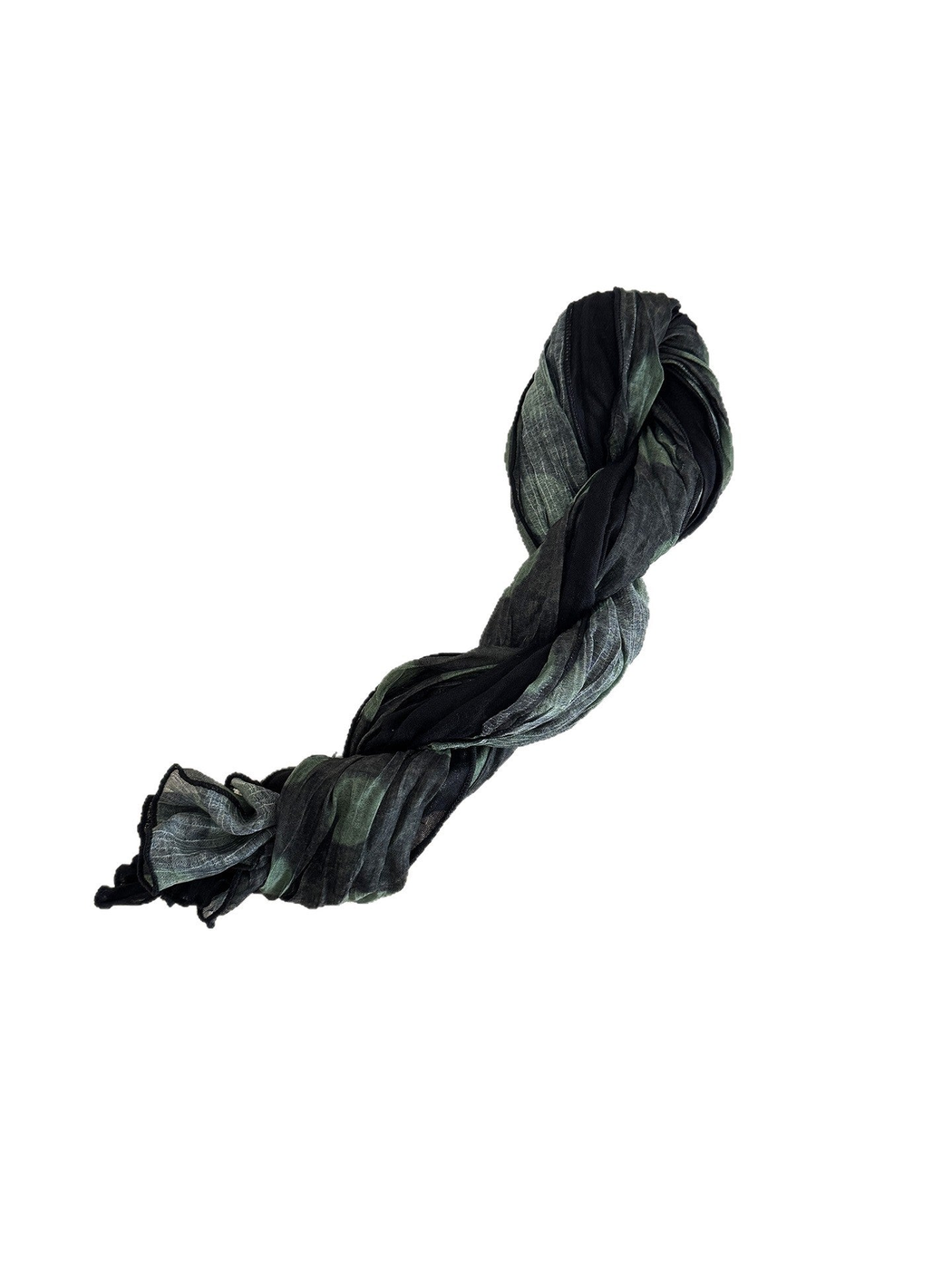 Green scarf with contrasting dark panels, twisted on a white background.