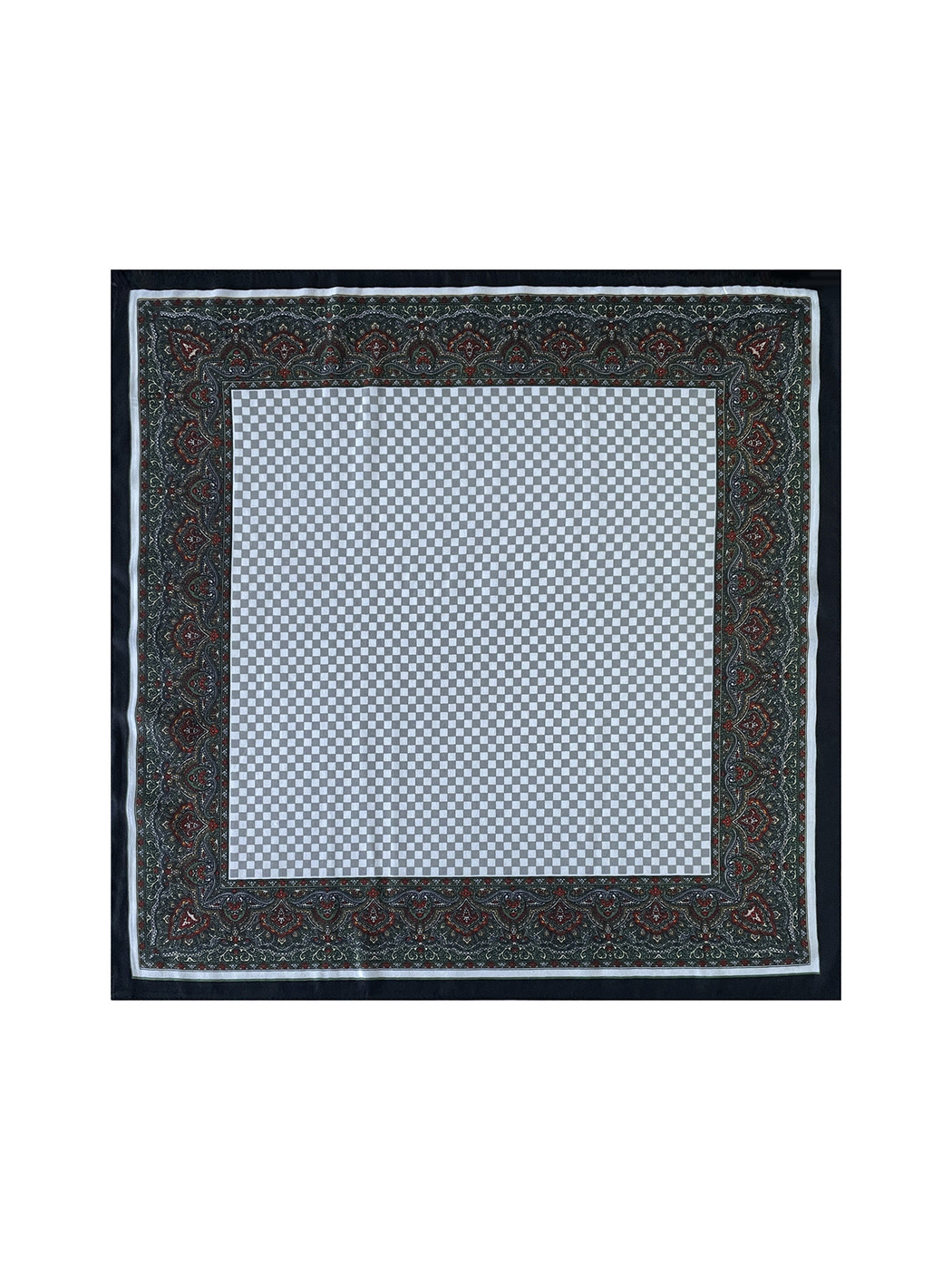 Black Gray square scarf laid flat, with a checkerboard center, paisley border and black outer edge.