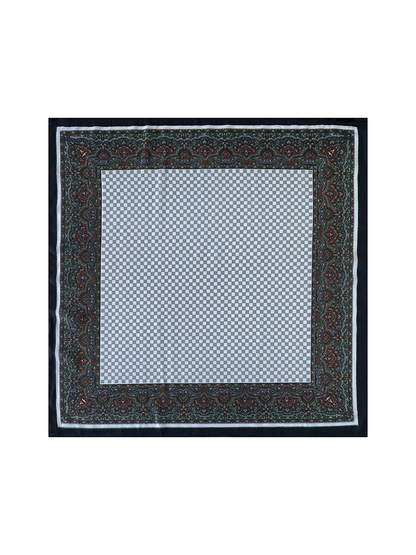 Black Gray square scarf laid flat, with a checkerboard center, paisley border and black outer edge.