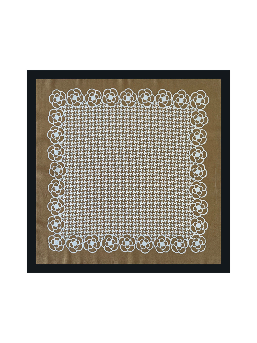 Camel square scarf spread flat with a white houndstooth center, floral border and black edge.