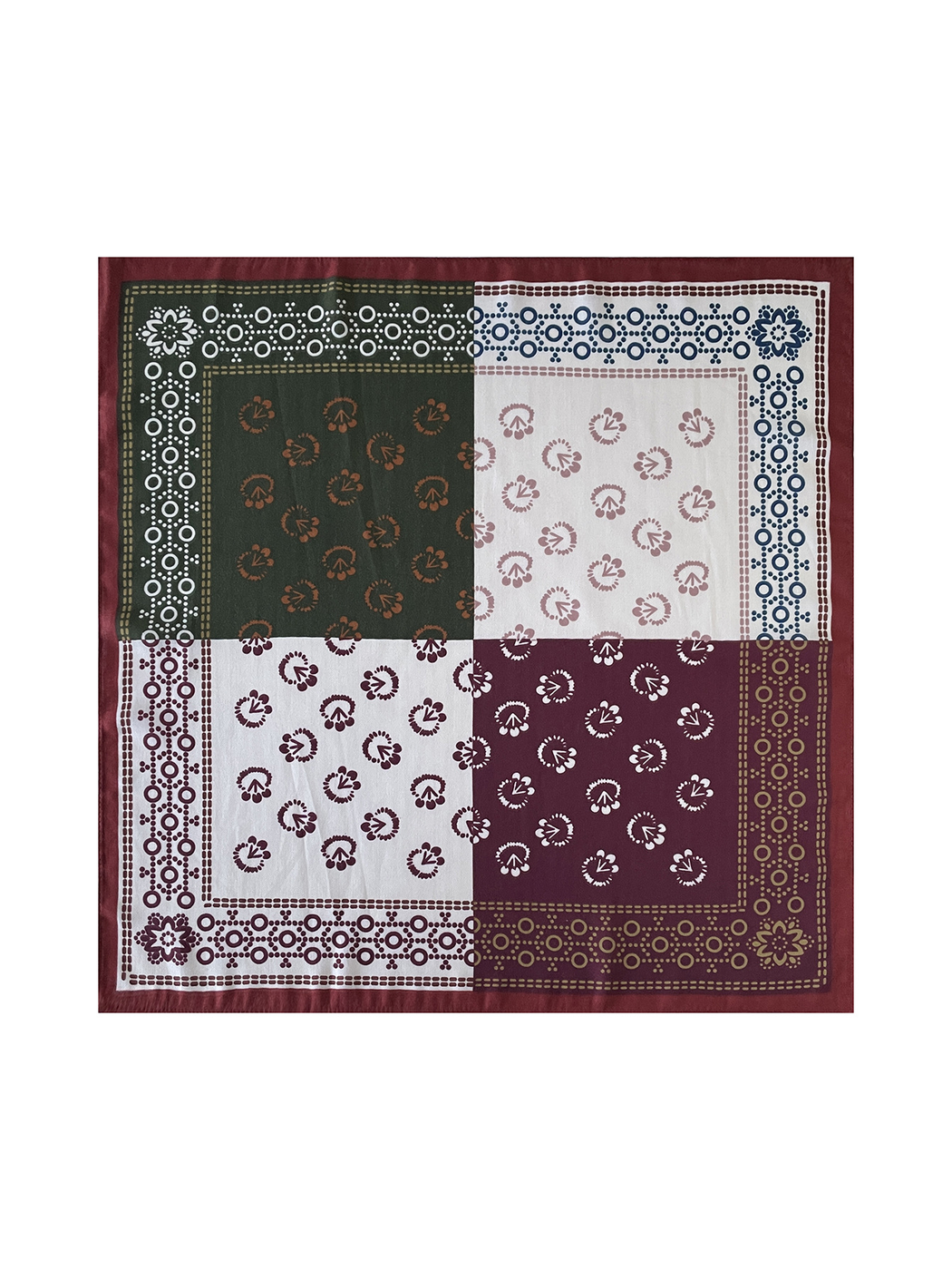 Burgundy square scarf laid flat with olive and cream panels, floral medallions, and dotted-ring borders.