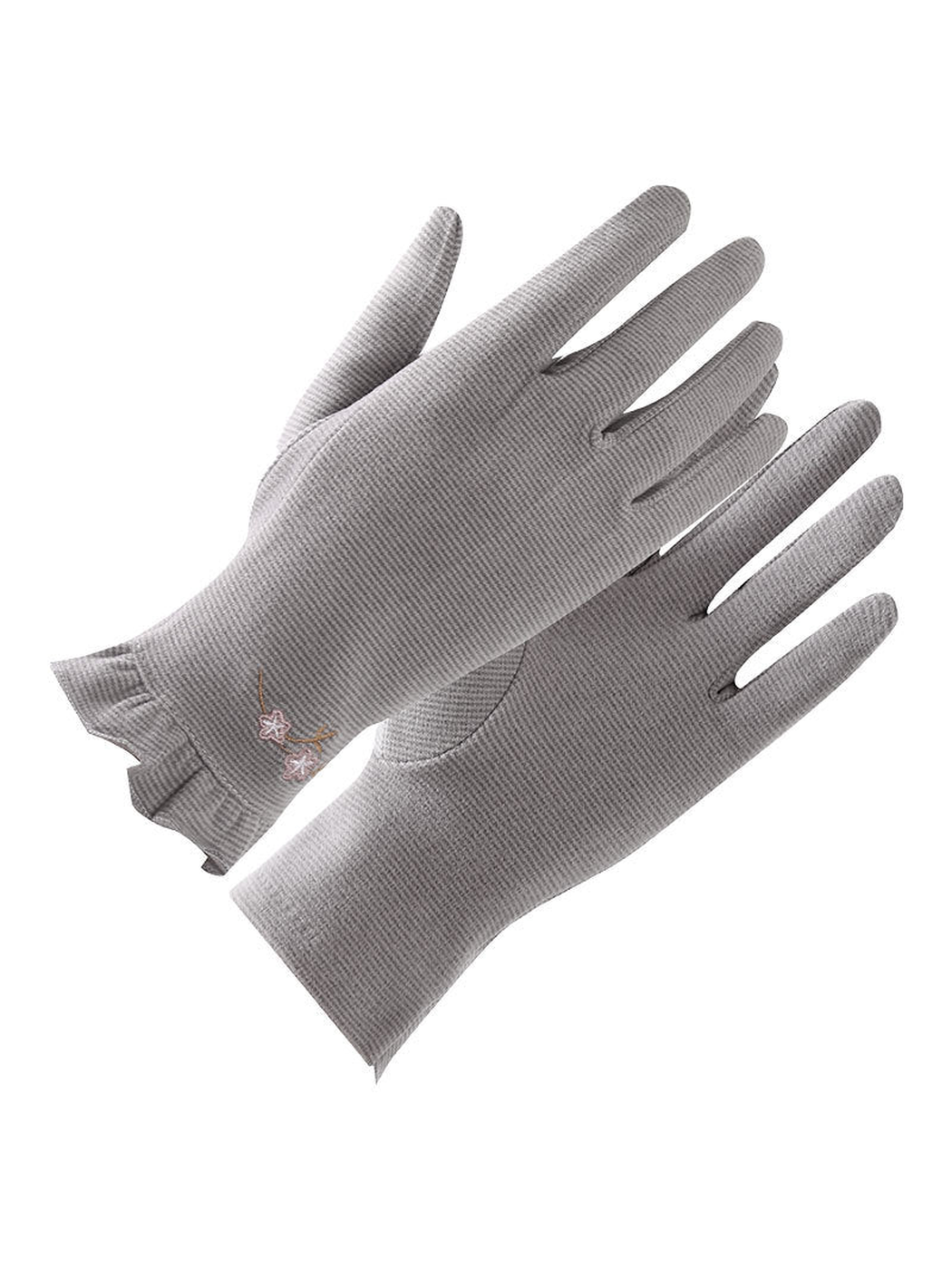 Light Plum gloves with blossom embroidery, ribbed texture and ruffled cuffs on a white background.