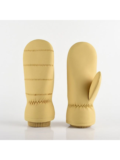 Yellow Channel mittens with horizontal stitching, gathered wrists and ribbed cuffs.