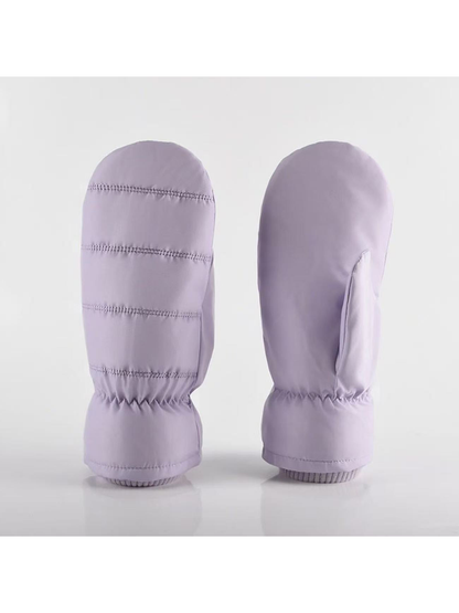 Purple Channel mittens showing horizontal stitching and separate thumbs.