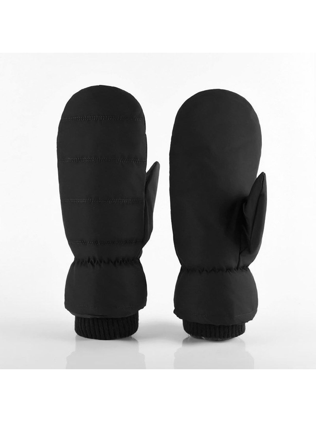Black Channel mittens with horizontal stitching and ribbed cuffs.