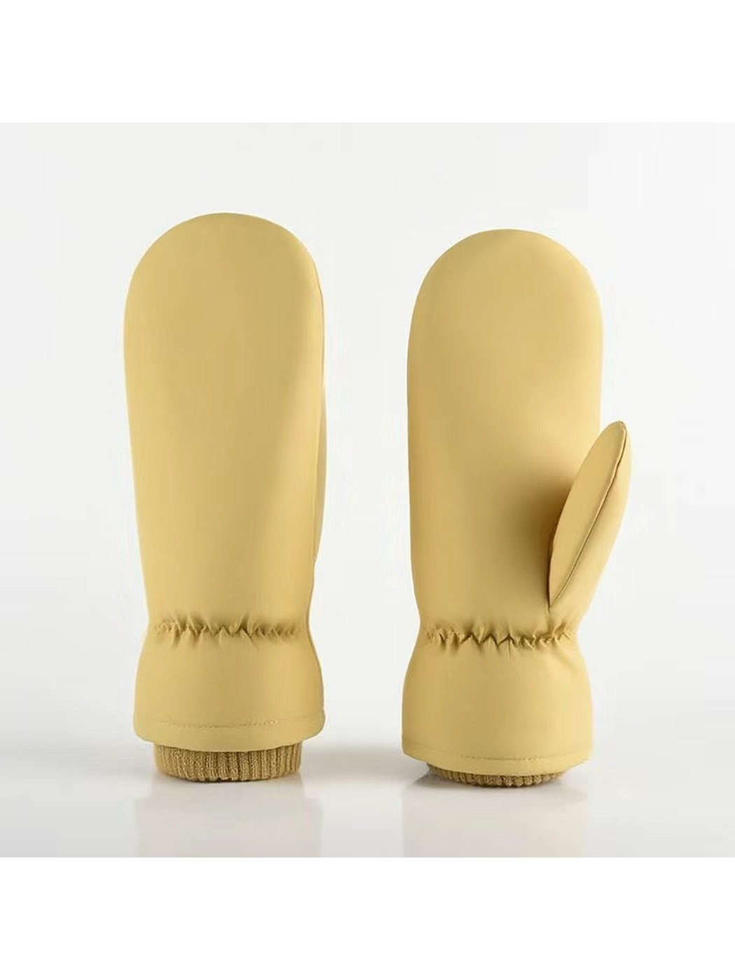 Yellow Smooth mittens with gathered wrists and ribbed cuffs.