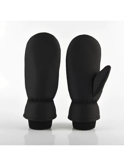 Black Smooth mittens with gathered wrists and ribbed cuffs.
