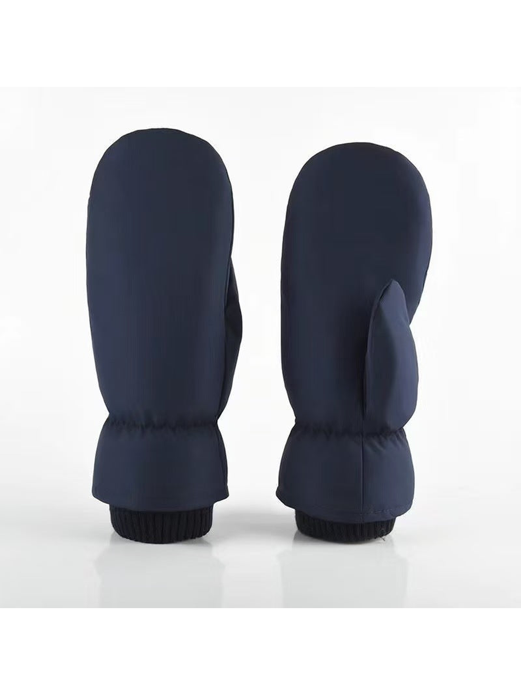 Navy Smooth mittens showing rounded hand sections and gathered wrists.