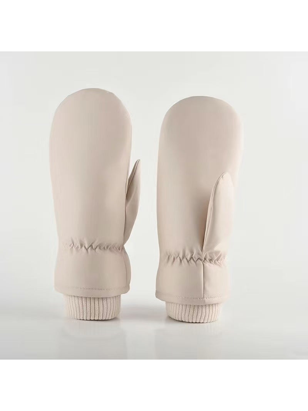 Ivory Smooth mittens with separate thumbs, gathered wrists and ribbed cuffs.