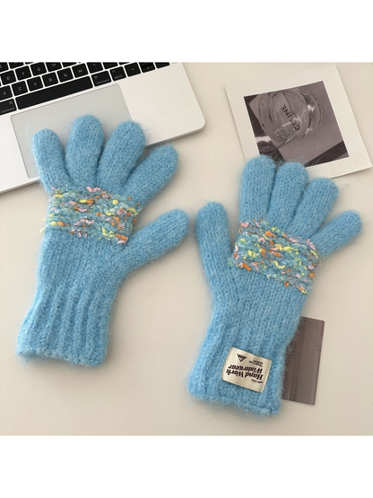 Light Blue knit gloves with multicolored flecked bands and ribbed cuffs.
