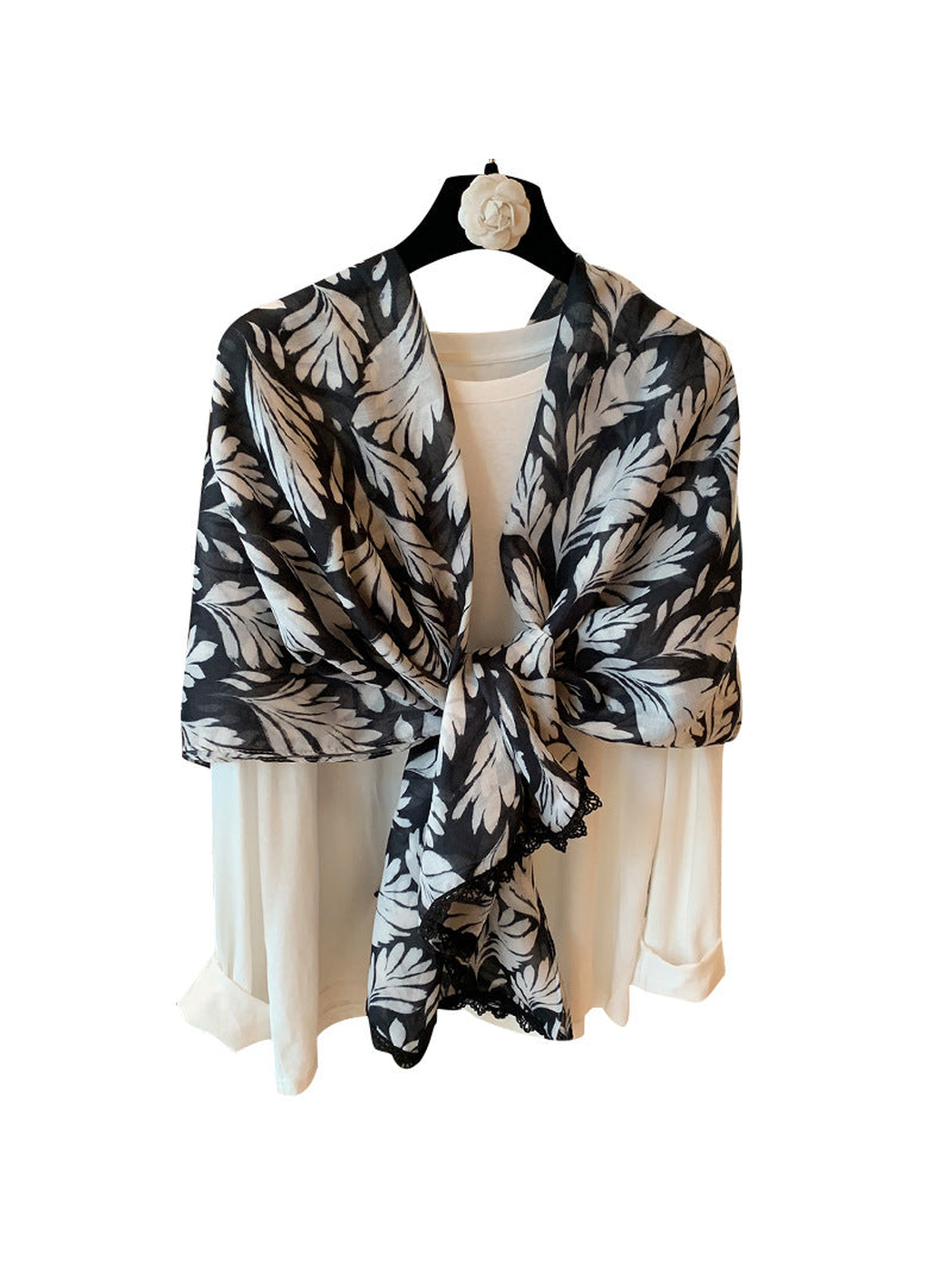 Multicolor botanical leaf-print scarf with lace-trimmed edge, front display view