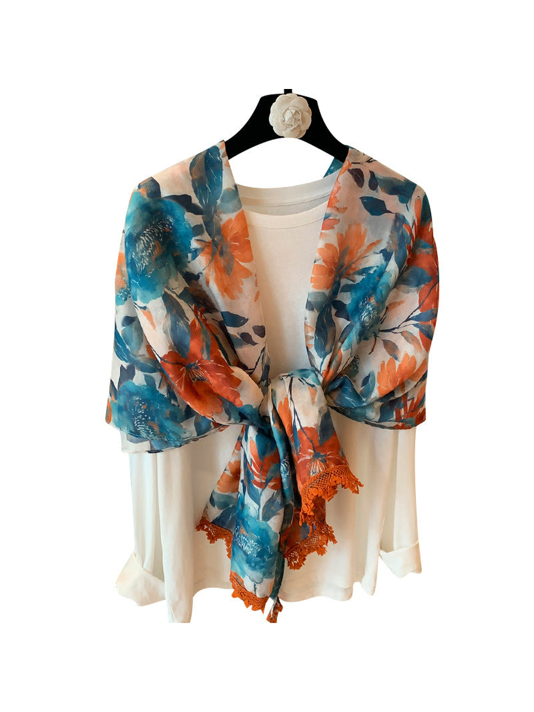 Multicolor floral scarf with fringe trim, front view