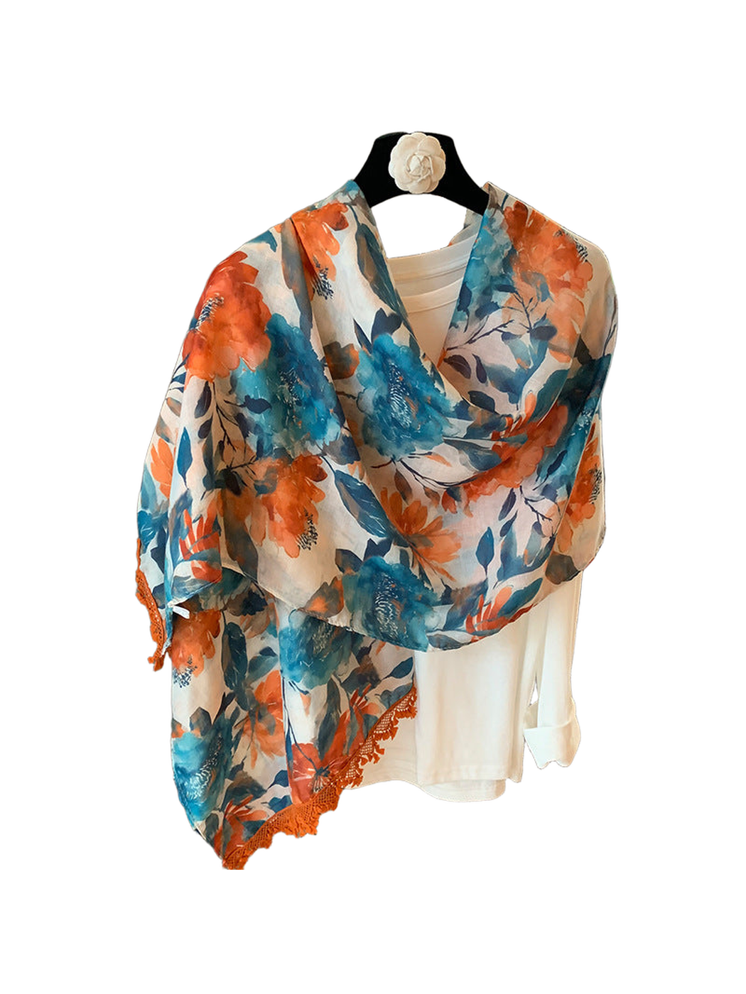 Multicolor floral scarf with fringe trim, back view