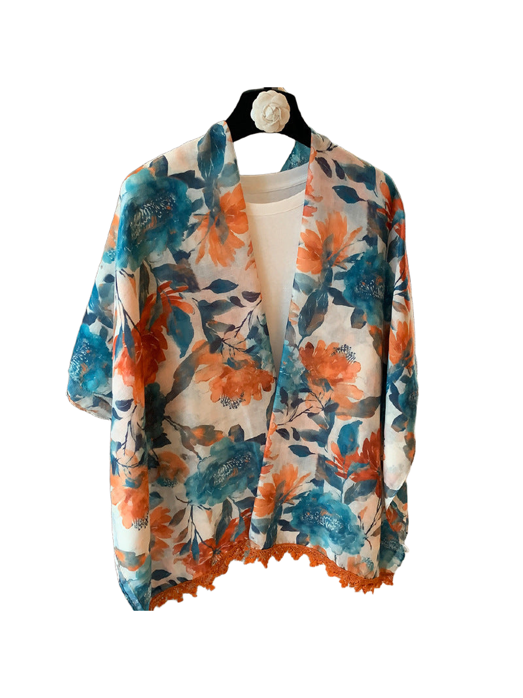 Multicolor floral scarf with fringe trim, open front view